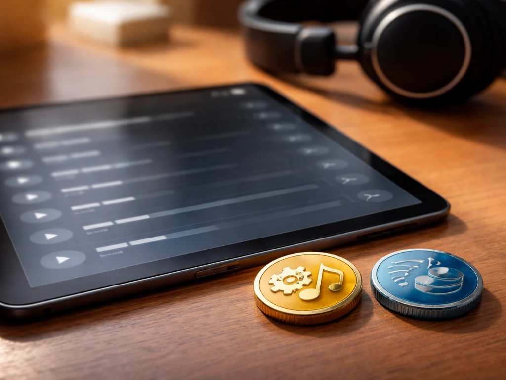 Close-up of a music catalog on a tablet with a streaming and mechanical royalty concept, no readable text.