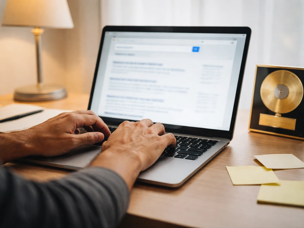 Hands comparing a music certification record on a laptop beside a RIAA-style platinum award concept