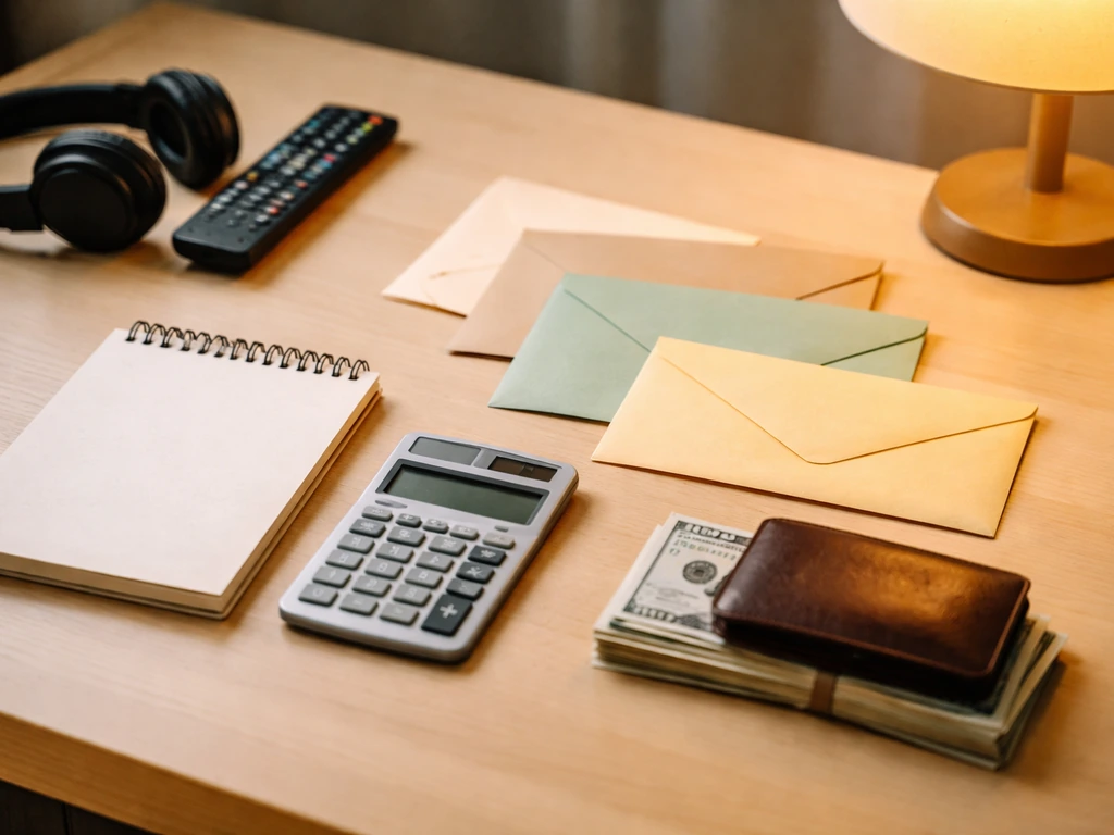 Desk scene with calculator, cash, wallet, and unlabeled envelopes suggesting net worth calculation.