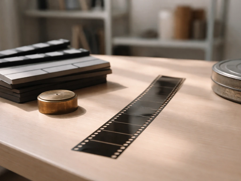 Minimal film production desk with blank film strip, clapperboards, and studio props suggesting early career building.