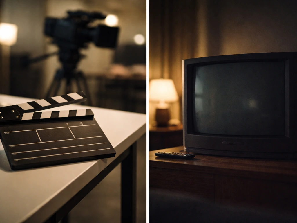 Split-screen of a production clapperboard and a quiet muted TV set, suggesting a show winding down.