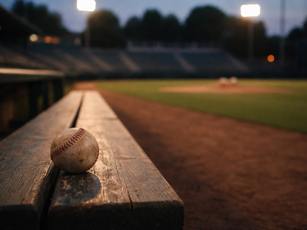 Empty baseball stadium at dusk with a baseball on a bench, suggesting sports finance analysis