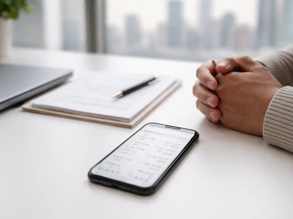 Minimal desk scene with a smartphone showing blurred finance numbers, symbolizing net worth estimate sources