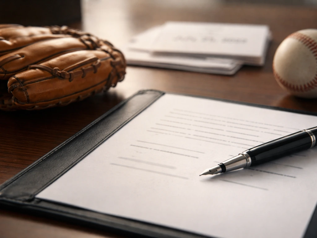 Close-up of baseball contract signing with a baseball glove and pen over a desk, with an illustrative date cue