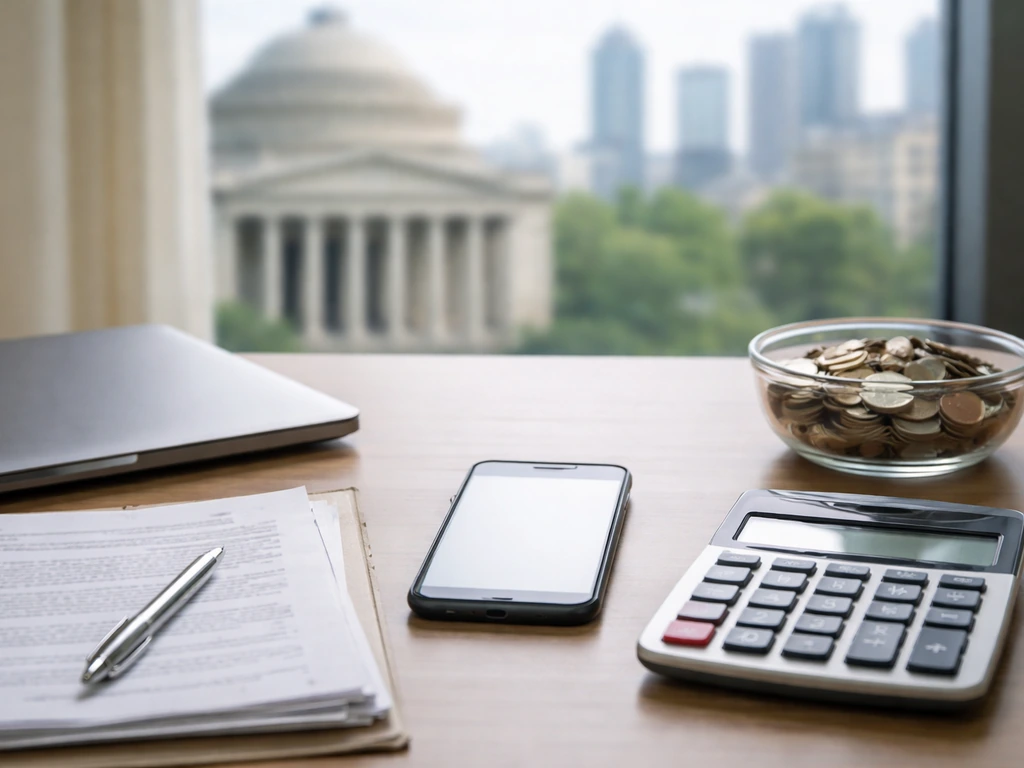 Desk with documents, calculator, coins, and a blurred courthouse skyline hinting a net-worth verification process.