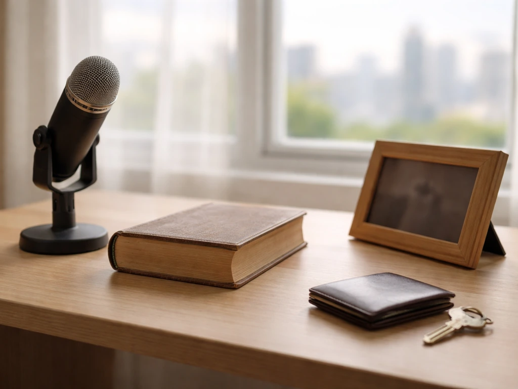 Minimal home office desk with microphone, a generic book, wallet, keys, and soft window light, no people.