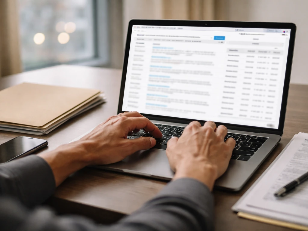 Close-up of a laptop showing blurred nonprofit financial search results alongside a folder of public records.