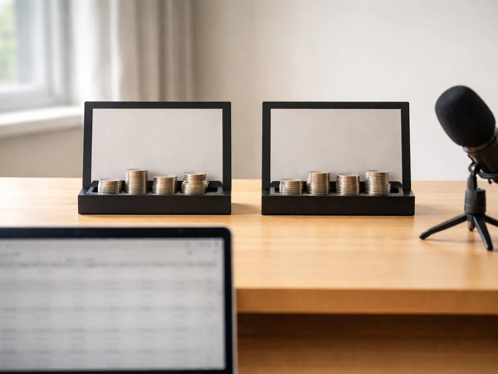 Minimal desk scene with blank coin trays and an open laptop suggesting a wealth comparison.