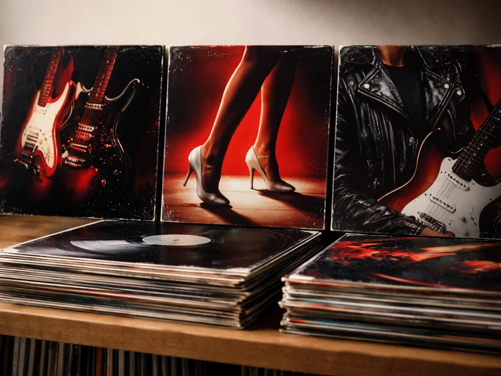 Stacked vinyl and album covers resembling classic Billy Idol releases in a softly lit home studio shelf.