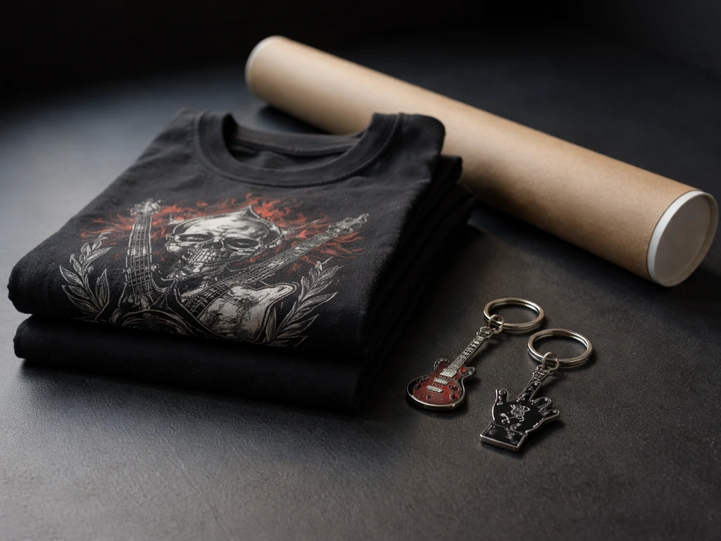 Assorted branded music merchandise—black T-shirt, poster tube, and keychain—laid on a dark studio table