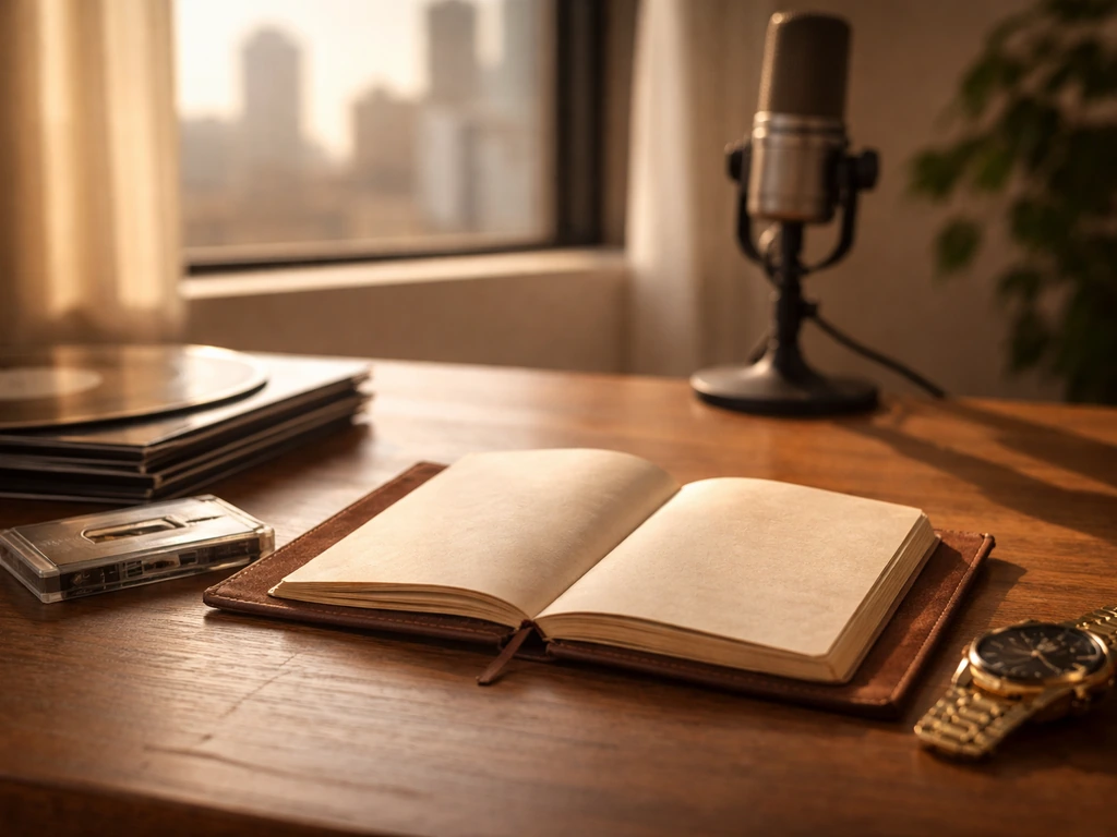 Minimal desk scene with vintage audio and wealth symbolism: watch, records, cassette, and soft city backdrop