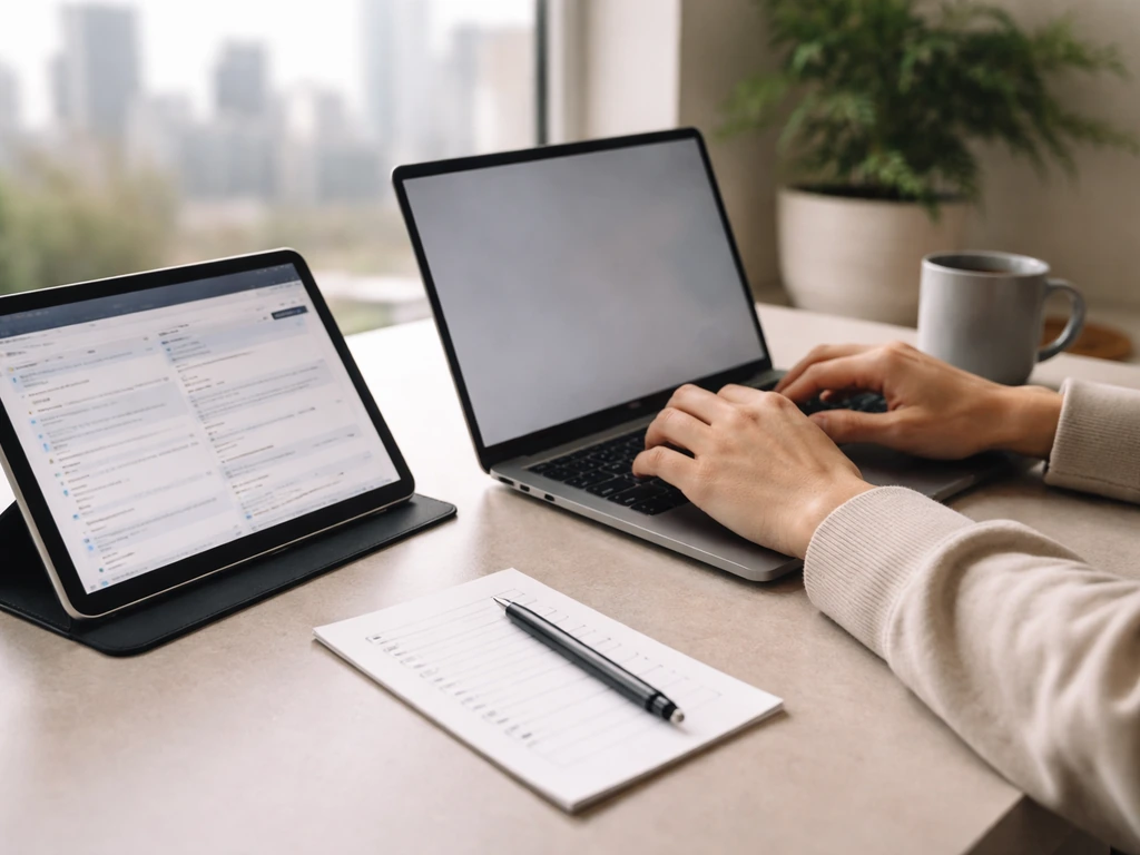 Person reviewing net worth and box office databases on a laptop with a simple checklist