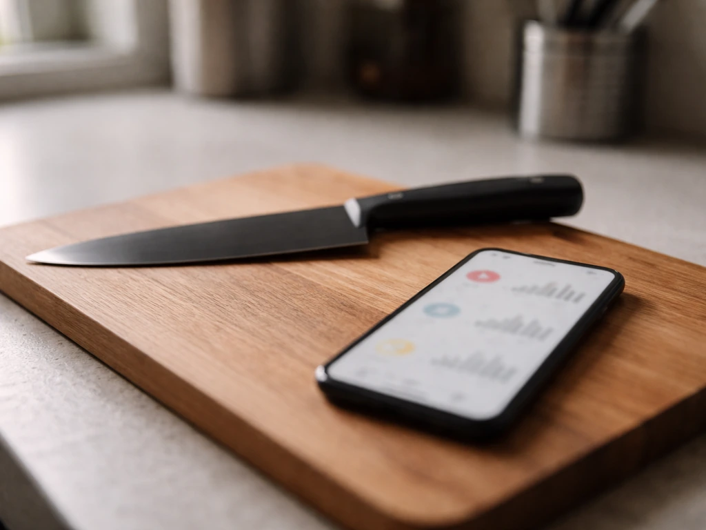 Minimal photo of a kitchen chef’s knife beside a smartphone showing blurred social media analytics icons