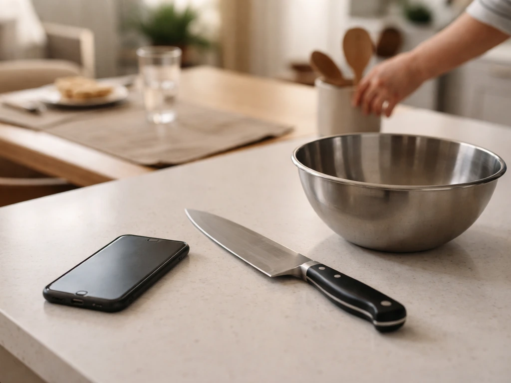 Anonymous home kitchen scene with a chef knife and smartphone, warm light, no identifiable people or text.