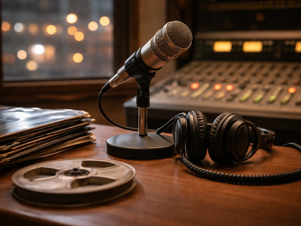 Vintage country radio studio desk with microphone, headphones, and records symbolizing media income and royalties.