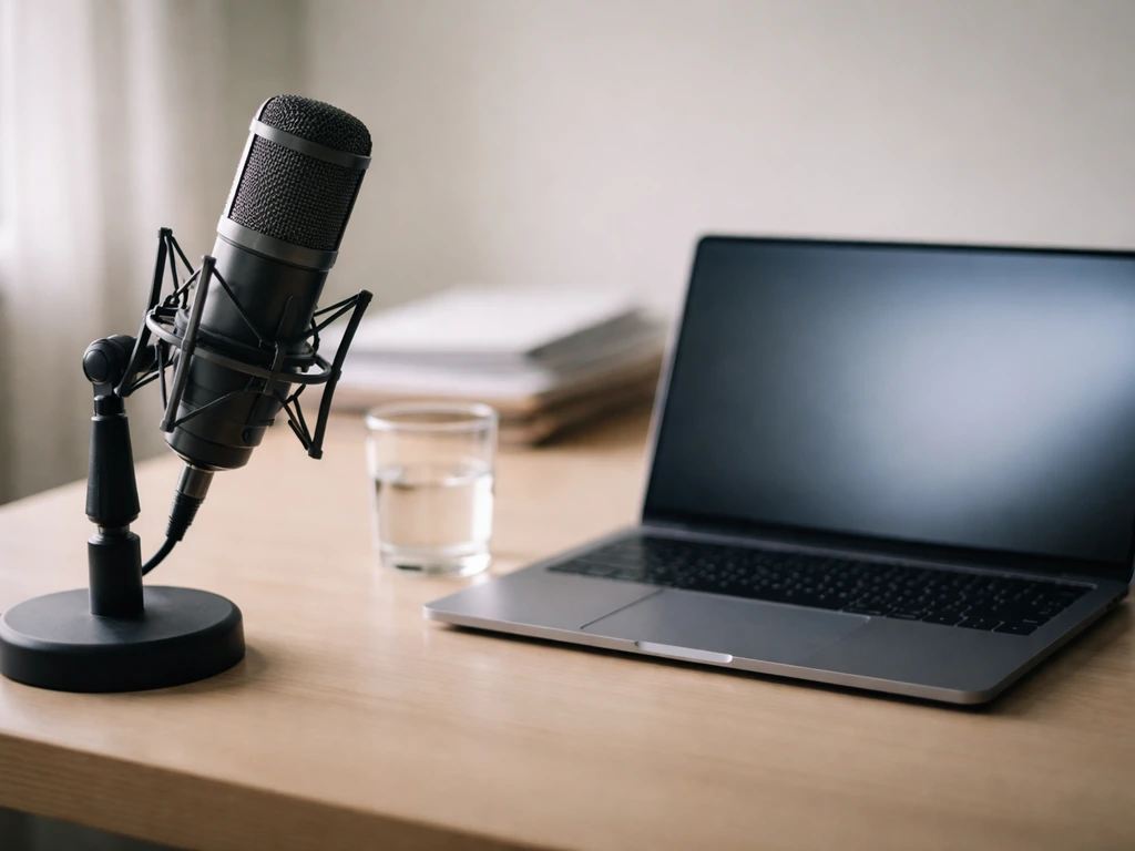 Minimal desk scene with a studio microphone and documents, symbolizing net-worth research.