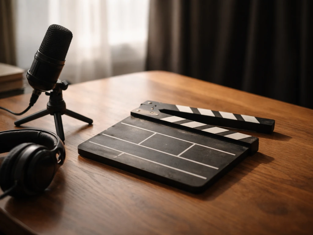 Film clapperboard, microphone, and headphones on a studio desk in natural light, hinting at an acting career.
