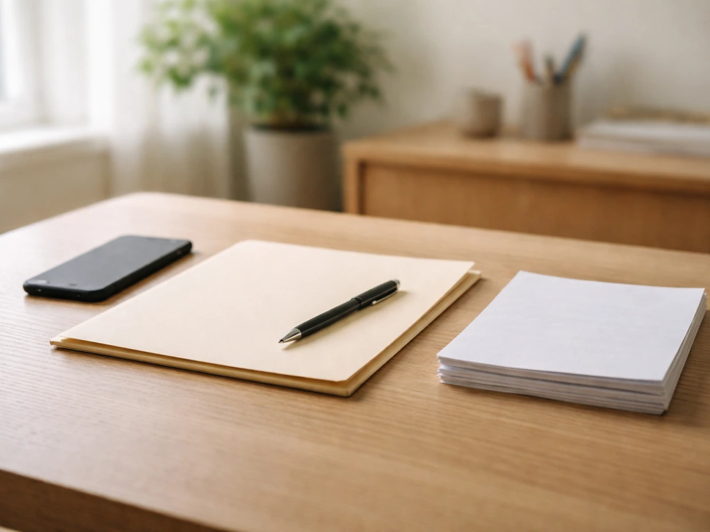 Minimal desk scene with a smartphone and a closed folder, evoking TV acting income research