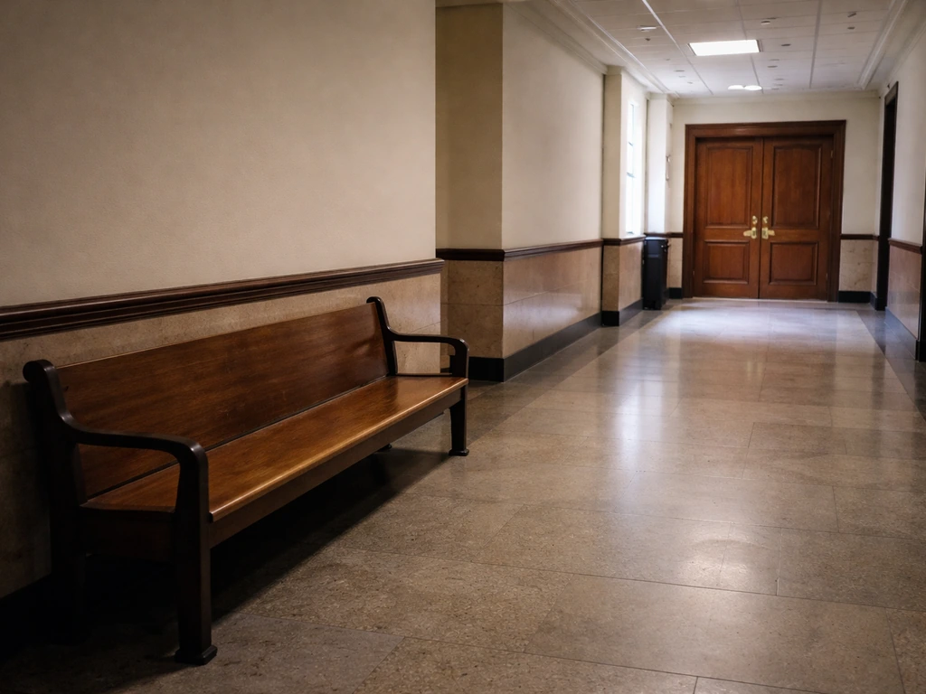 Quiet courthouse hallway with empty bench and a closed courtroom door, suggesting a financial lawsuit.