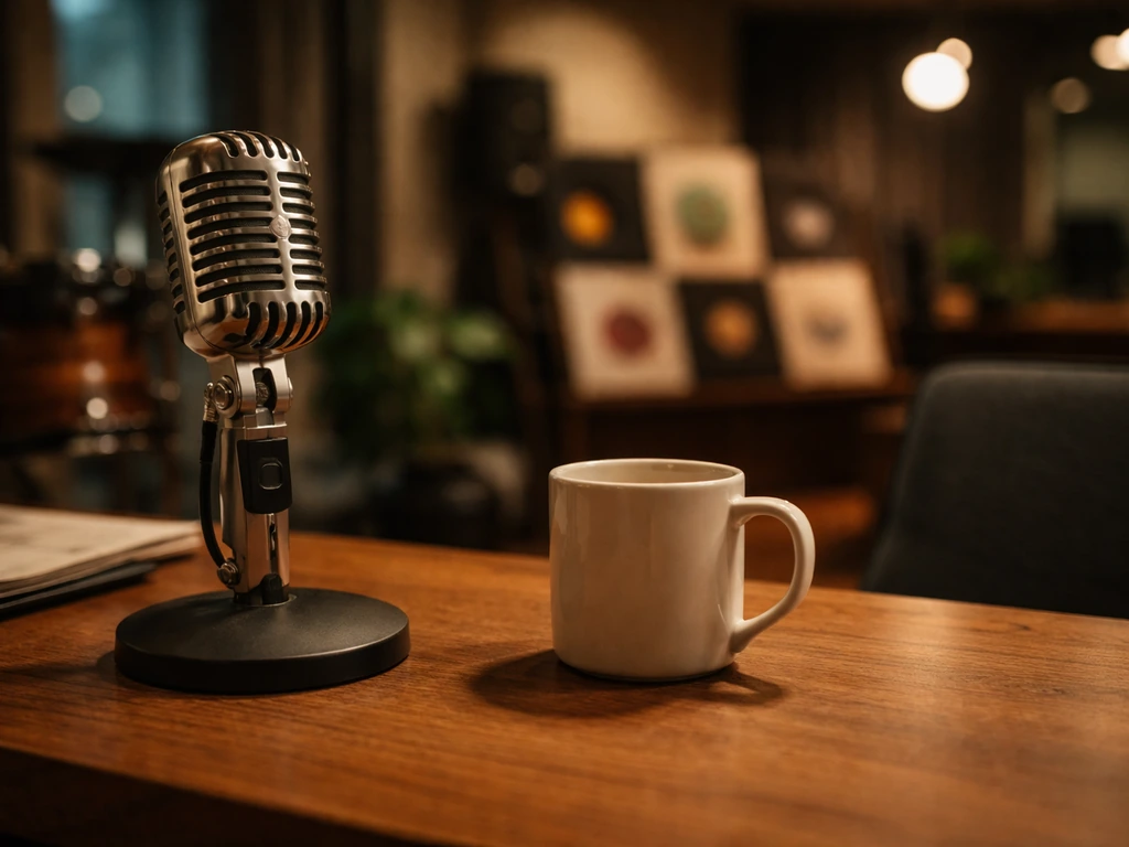 Minimal office scene with a microphone and record-themed decor suggesting musician media identity and money.