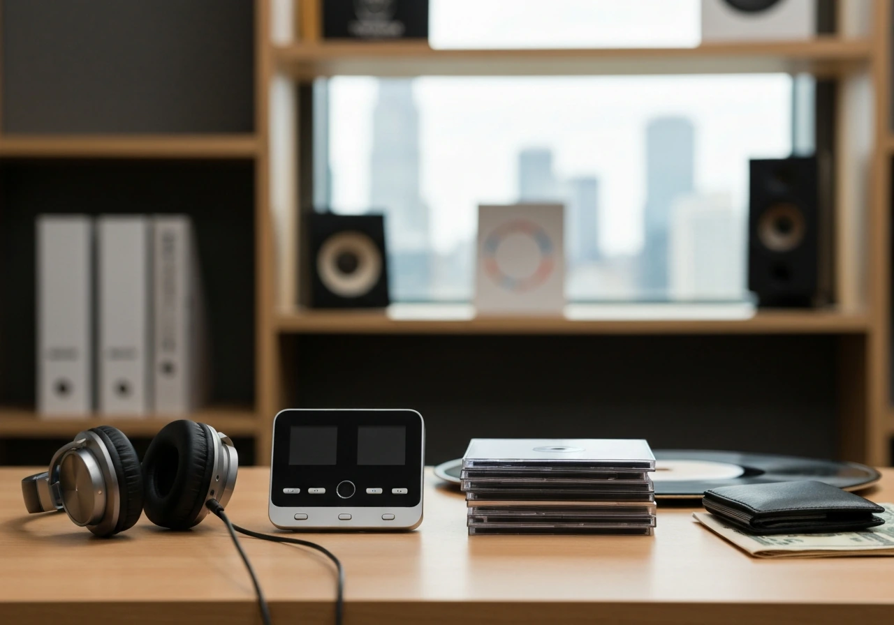 Minimal studio desk with music media elements and a subtle money-themed background, symbolizing multiple income streams