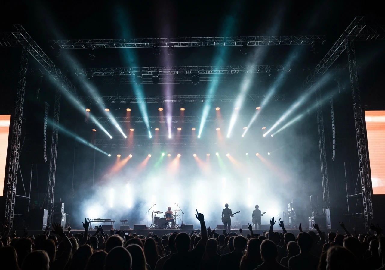 Crowd at a large live concert, stage lights and musicians performing under a night sky