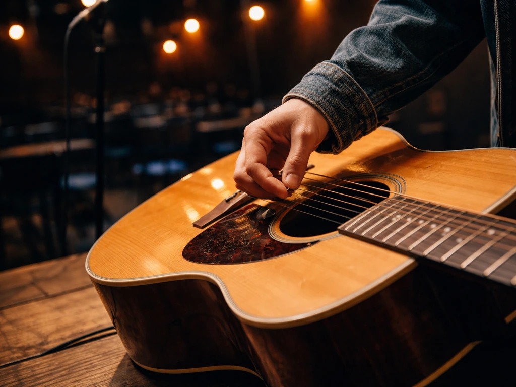 Acoustic guitar being played on a small bluegrass stage with warm lights and blurred audience seats