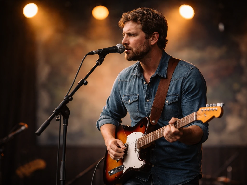 Bluegrass musician playing electric guitar on stage with a softly lit concert backdrop