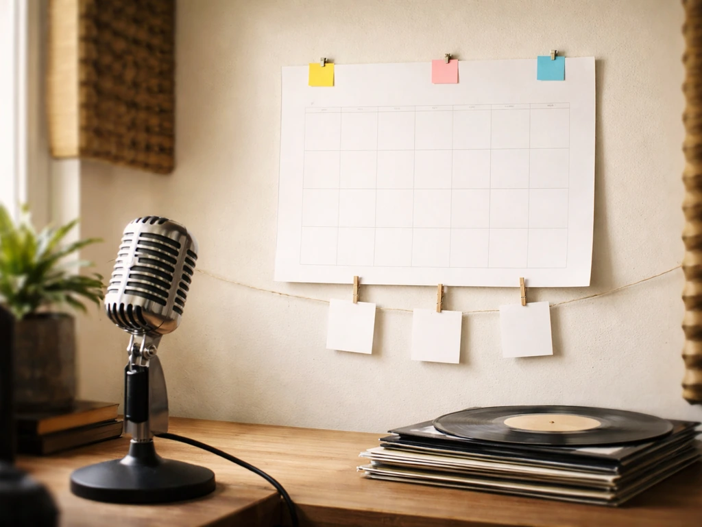 Minimal studio desk with a calendar, music records, and a microphone against a softly lit window.