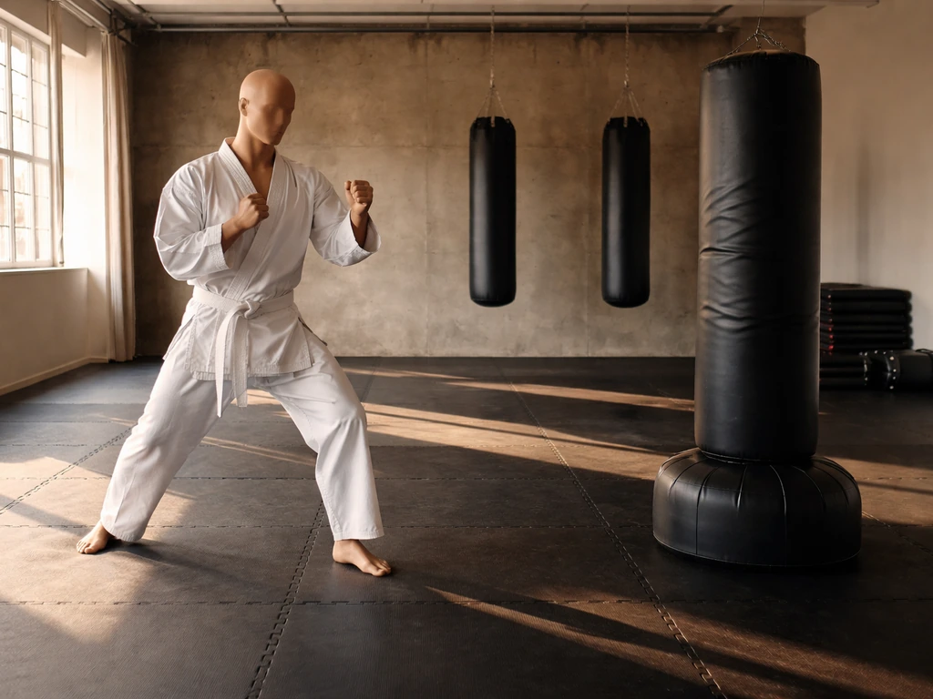 Minimal fitness studio scene with martial-arts training gear symbolizing Tae Bo career success