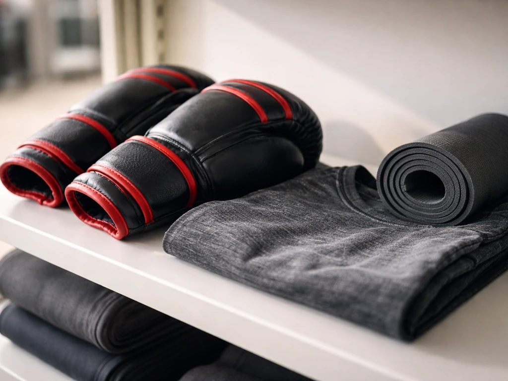 Close-up of Tae Bo-style branded fitness gloves, shirt, and exercise mat on a store shelf
