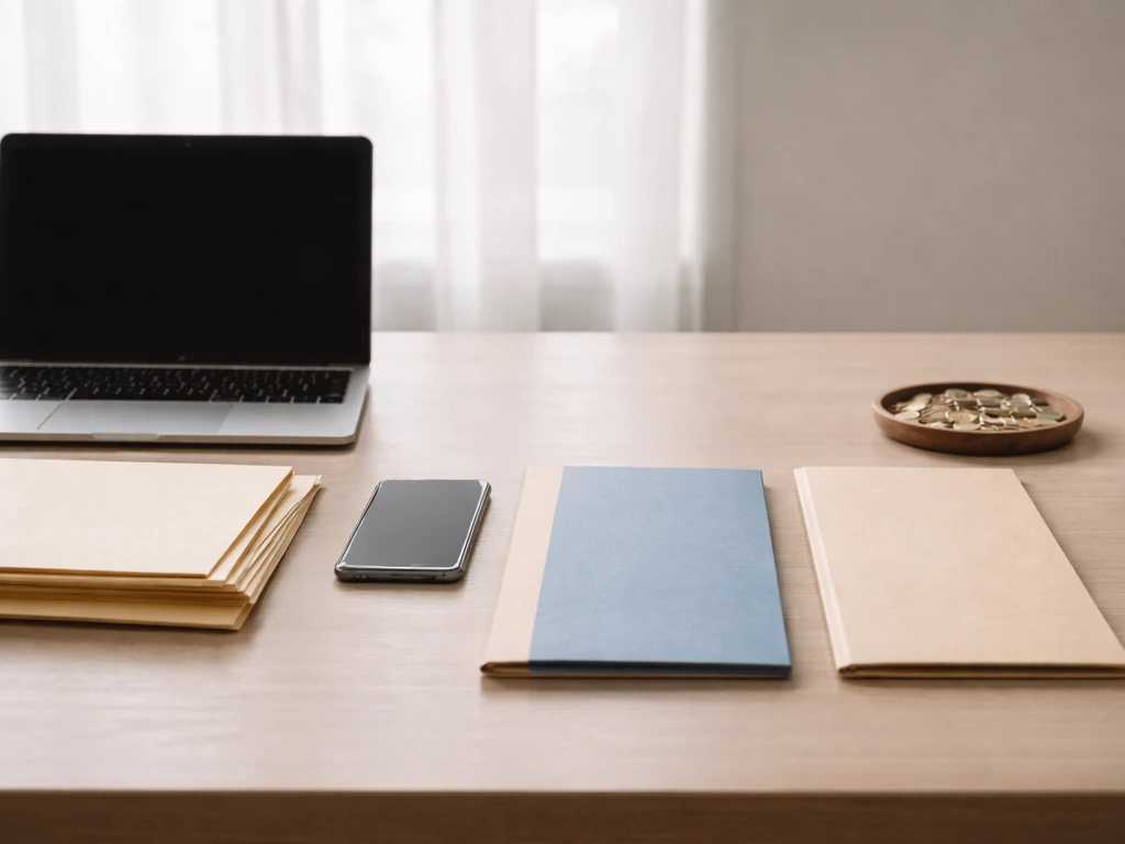 Minimal desk with laptop and folders set up to suggest side-by-side financial comparison.