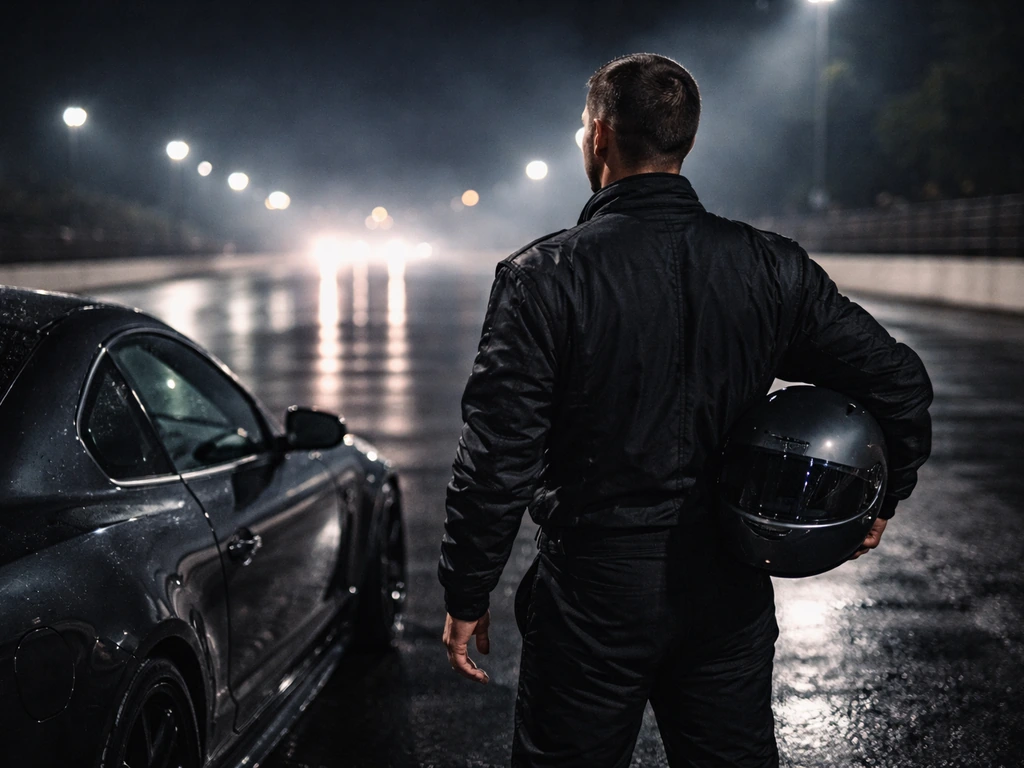 Billy Hoskinson in a minimal motorsports scene, street racing vibe at a night track with blurred cars.