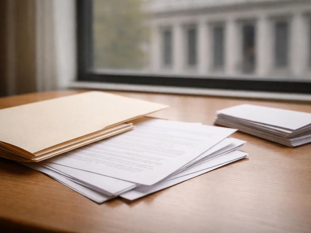 Manila folder and blank court documents on a wooden table with a blurred courthouse outside the window.