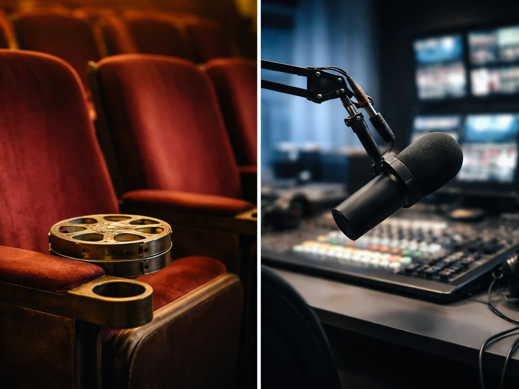 Minimal split-screen: film-reel theater seat on one side and studio microphone control desk on the other.