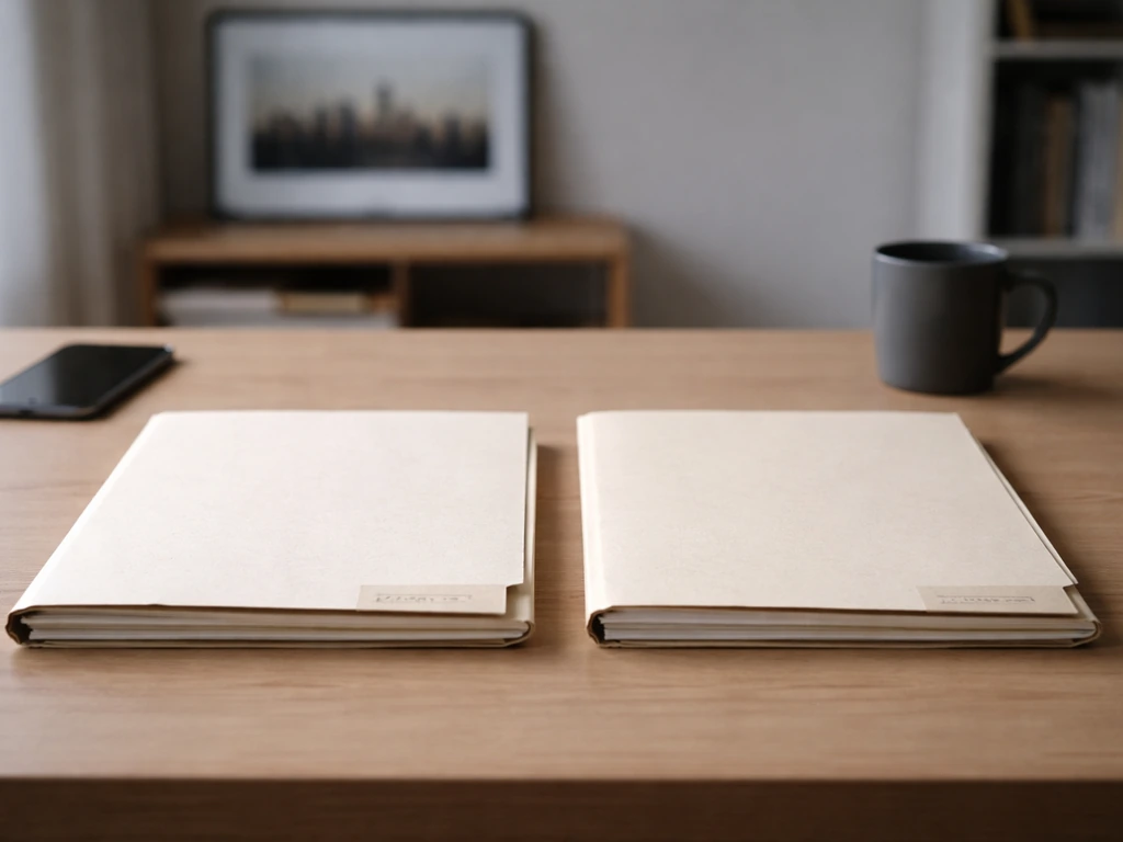 Minimal photo of a coffee table with two closed report folders, one stamped “Sep 25” and “estimate” on tabs