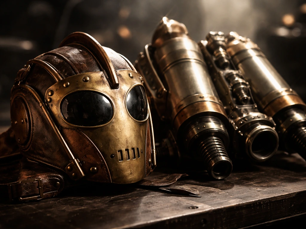 Close-up of a vintage aviator helmet with brass and steel gear parts on a dark studio set.