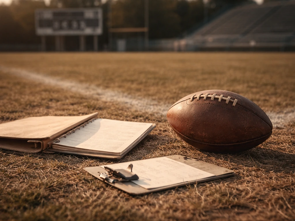 Vintage football and old playbook on a stadium sideline, evoking the classic NFL quarterback era.