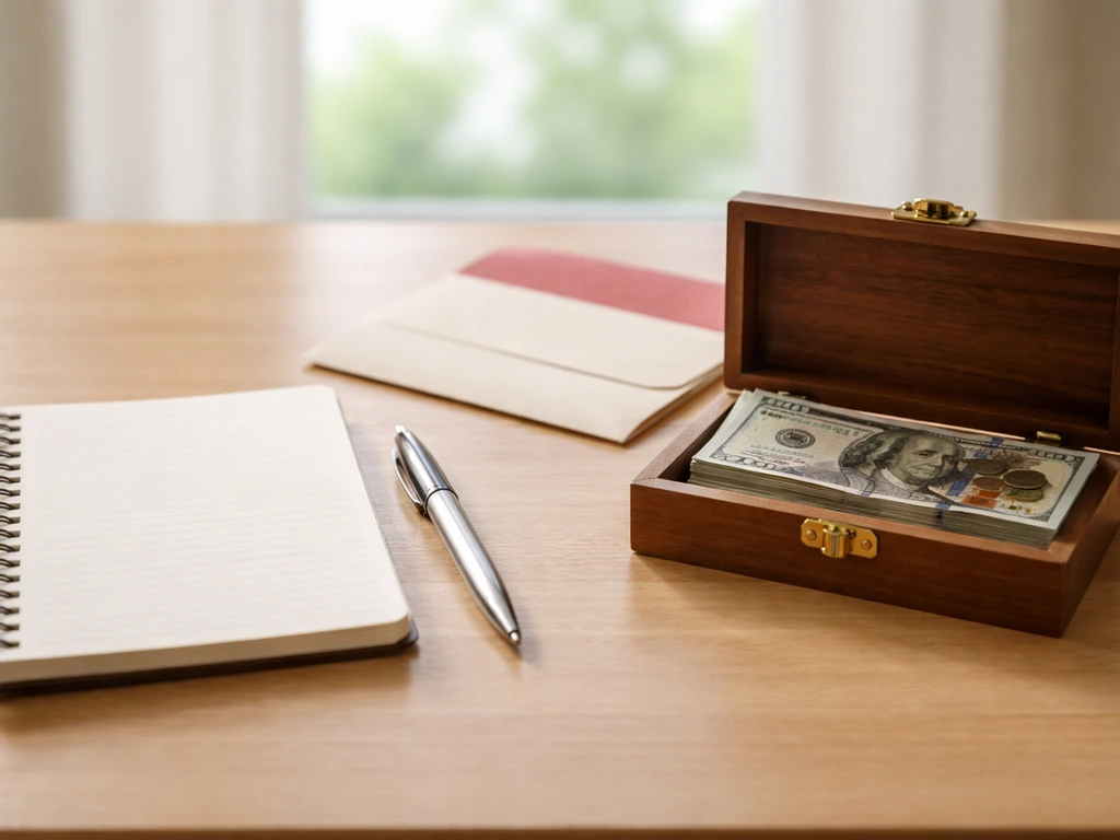 Minimal desk scene with cash, coins, an envelope, and a bill folder symbolizing assets minus liabilities.
