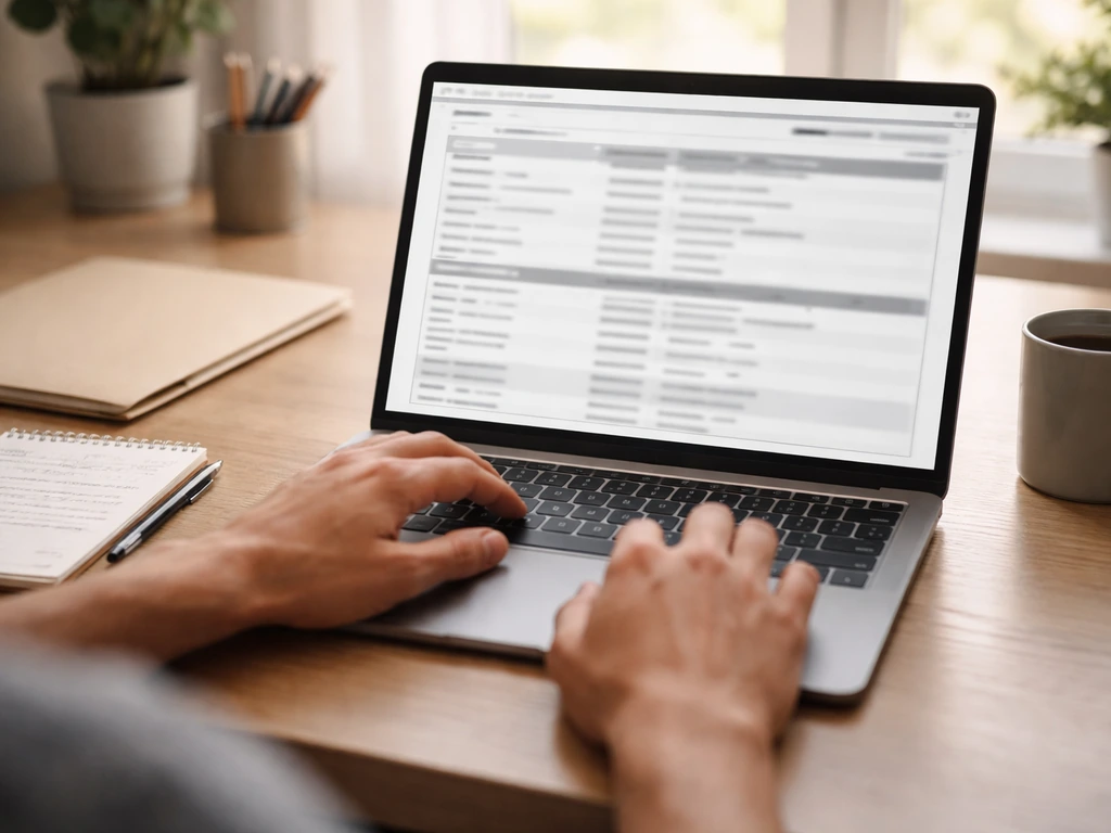 Person at a desk reviewing county property records on a laptop with a notepad and pen nearby
