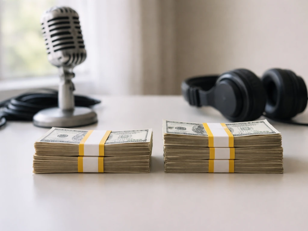 Two cash stacks beside an analog microphone on a desk, symbolizing competing net worth estimates.
