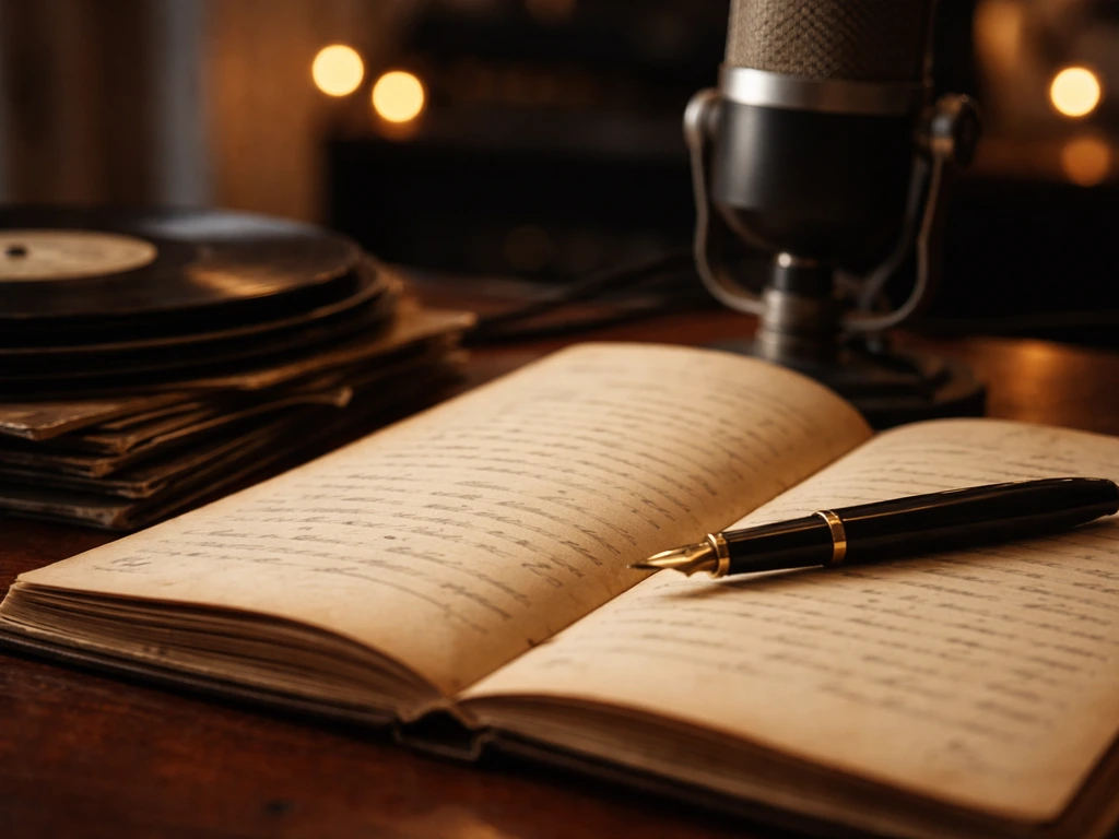 Close-up of a music royalty concept: open ledger, pen, vinyl records, and a studio microphone.