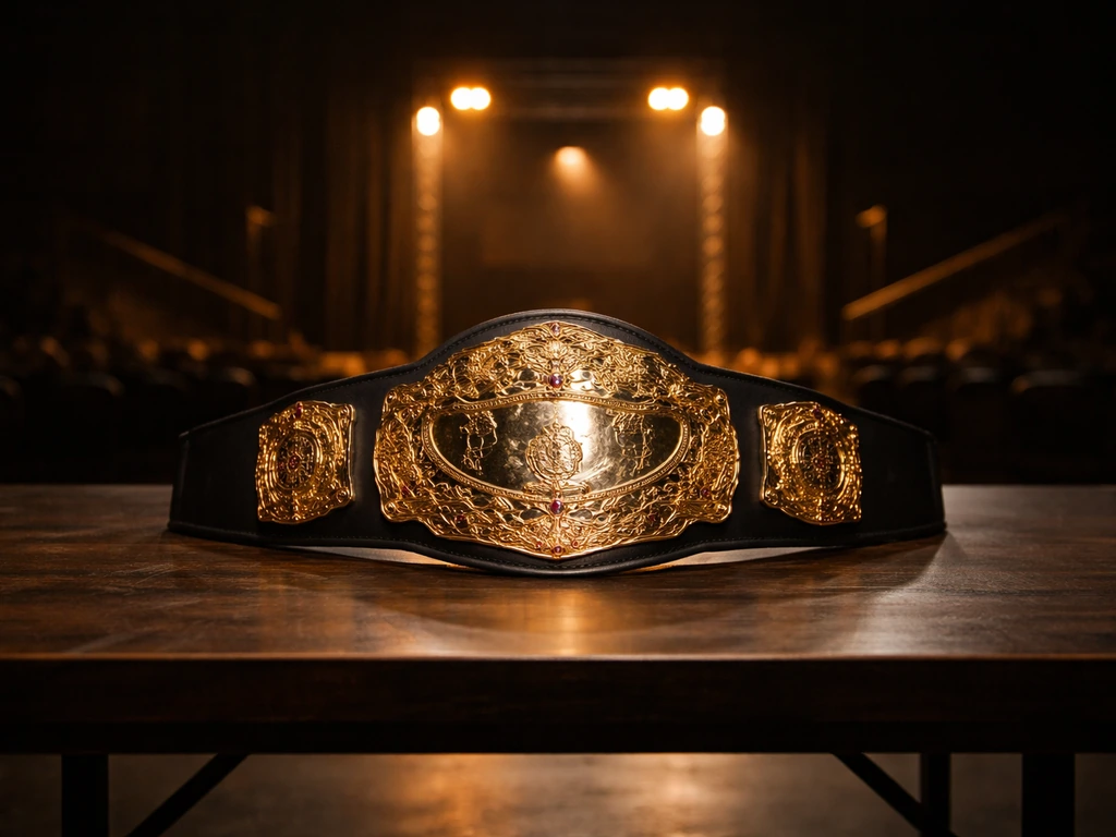Close-up of a championship-style wrestling belt on a clean table, evoking NWA brand ownership.