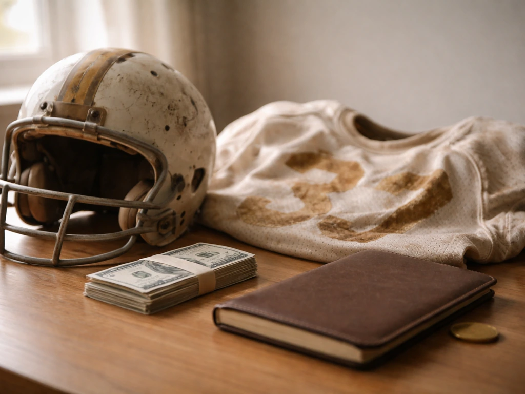 Vintage football memorabilia beside cash and a ledger-like notebook in soft natural light.