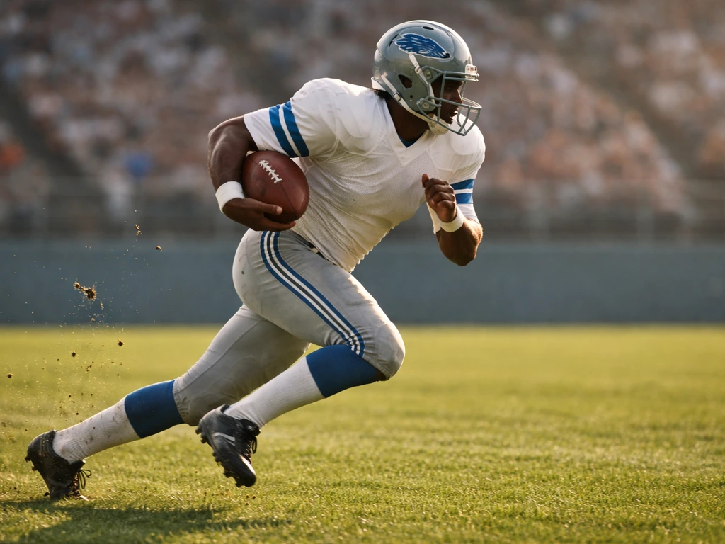 Billy Sims-like Detroit Lions running back in vintage uniform sprinting with football on a stadium field