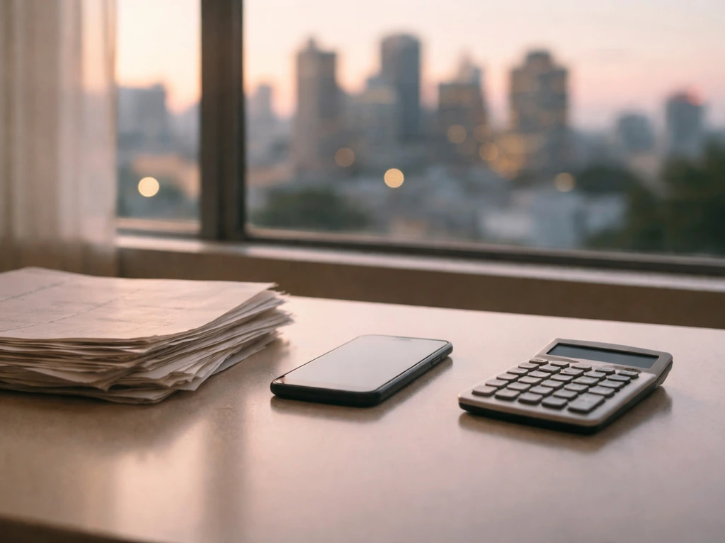 Minimal photo showing uncertainty in money estimates: scattered documents, blurred city, and a calculator on a desk