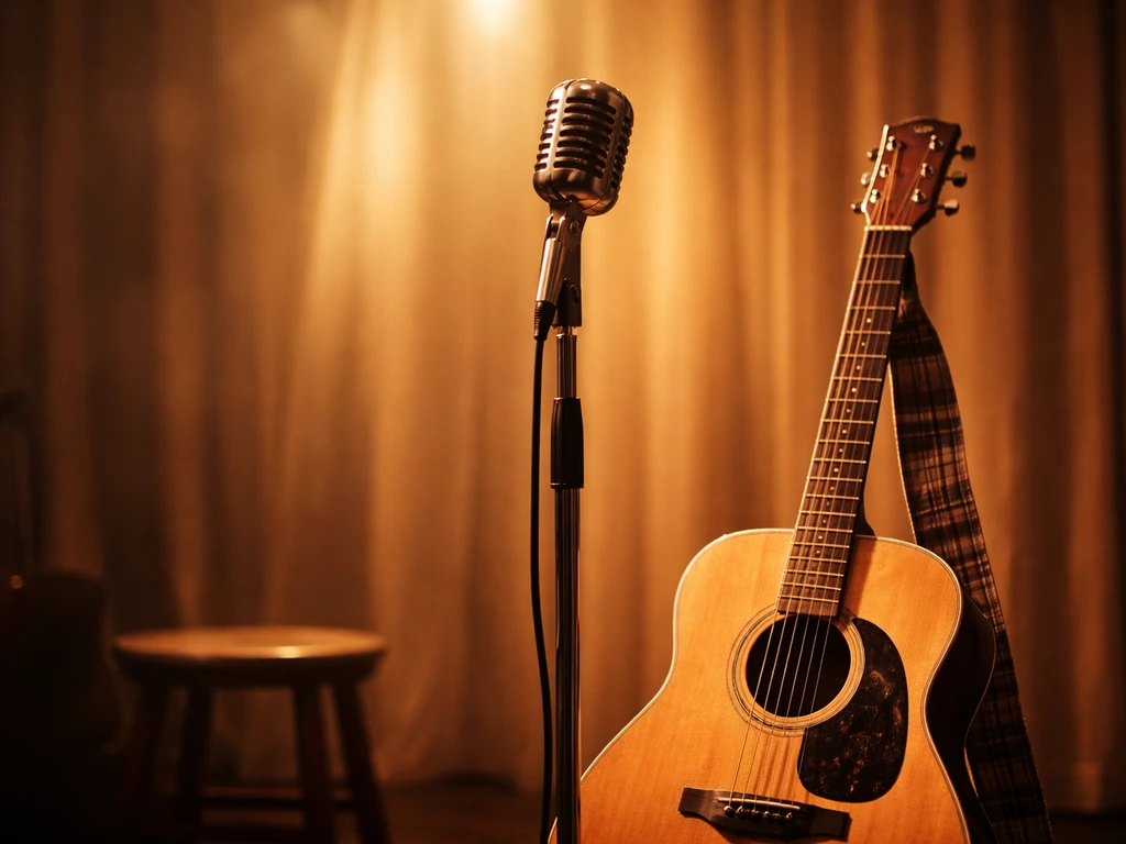 Country musician and actor vibe: vintage microphone in a cozy studio with a warm stage light glow