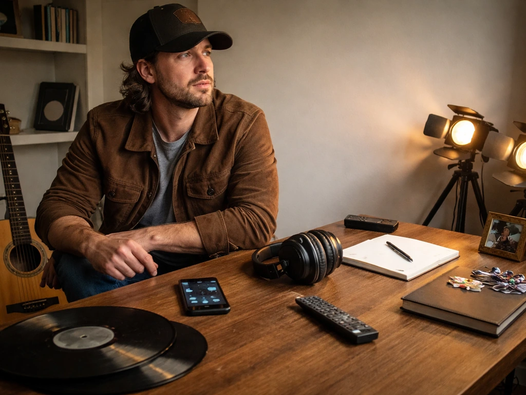 Anonymous singer at a simple desk with guitar, vinyl, TV remote, pen, and stage lights suggesting income sources.