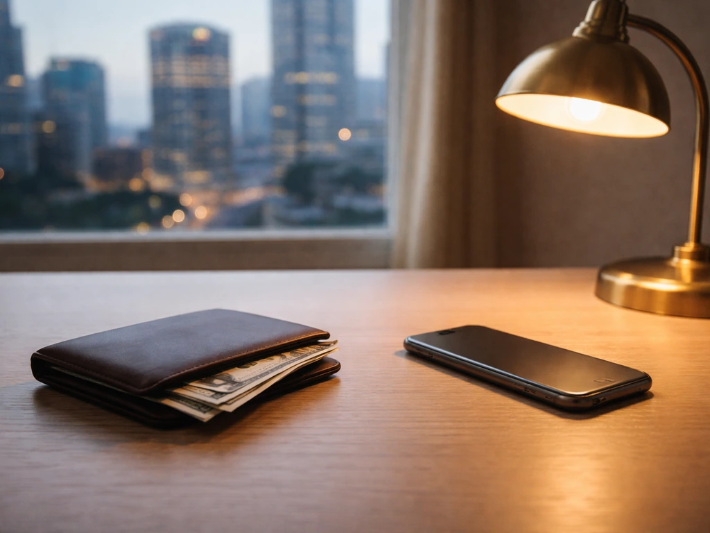 Minimal office desk scene with wallet, cash, and a phone beside a blurred city skyline