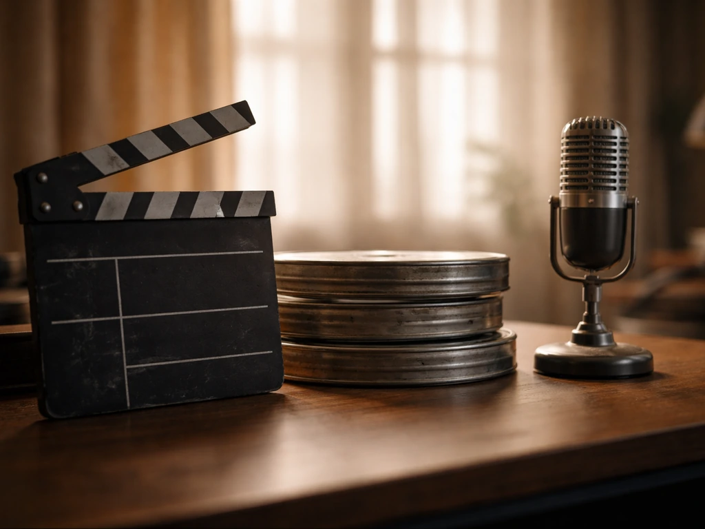 Minimal studio desk with a clapperboard, film reels, and a microphone in natural light.